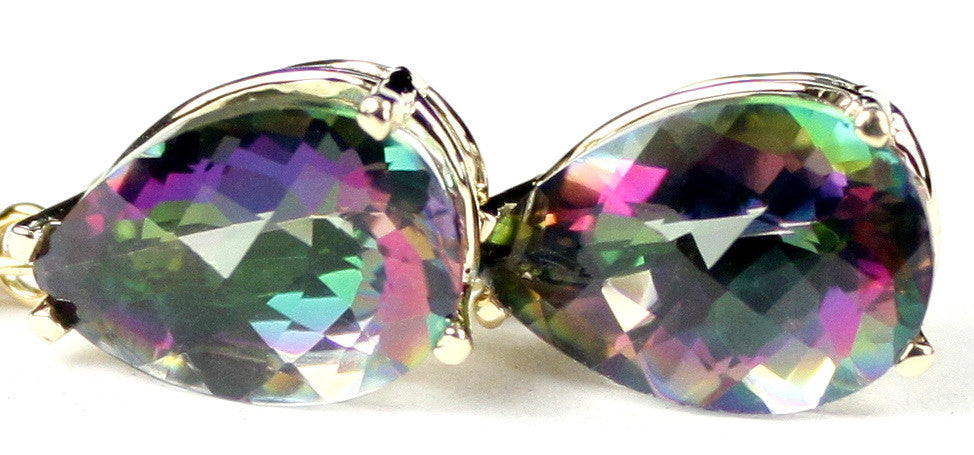 E327, Teardrop Mystic Fire Topaz, 14KY Gold Leverback Earrings