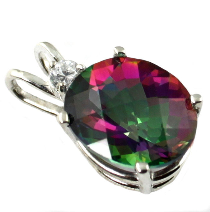SP022, 6 ct Mystic Fire Topaz, 925 Sterling Silver Pendant w/ 10pt CZ Accent