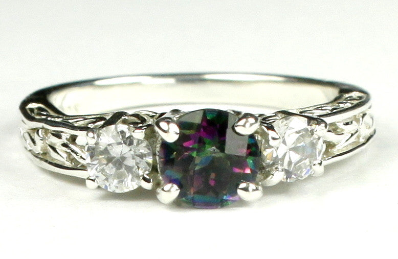 SR254, 1ct round Mystic Fire Topaz set in a Sterling SIlver Engagement Ring w/ 2 4mm CZ Accents