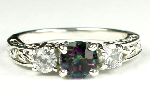 SR254, 1ct round Mystic Fire Topaz set in a Sterling SIlver Engagement Ring w/ 2 4mm CZ Accents